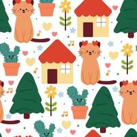 mano de patrones sin fisuras dibujo dibujos animados gato, flor y casa. para papel pintado infantil, estampado de tela, textil, papel de regalo vector