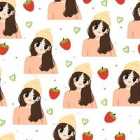 seamless pattern hand drawing girl and strawberry. cute background for fabric print, textile, gift wrapping paper vector