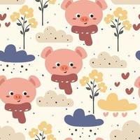 seamless pattern hand drawing pig, flower and clouds. cute background for fabric print, textile, gift wrapping paper vector