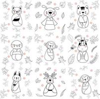 Have a nice day set cute cryptic animals are in action. bear, penguin, koala, wolf, fox, tiger, bunny, birt, cat.  .No gradient used, easy to print and color. Vector files can be scaled to any size.