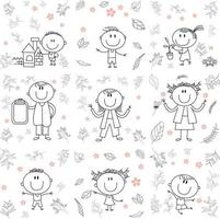 Cute cryptic kids playing with various toys. doctor, child, parent, fortress, recycle, dance, play. No gradient used, easy to print and color. Vector files can be scaled to any size.