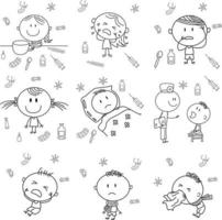 Cute cryptic kids playing with various toys.sick, doctor, cry, medicine, treatment, flu, sleep, get well . No gradient used, easy to print and color. Vector files can be scaled to any size.