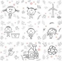 Cute cryptic kids playing with various toys. fort, windmill, trash can, leaves, recycle, dance. No gradient used, easy to print and color. Vector files can be scaled to any size.