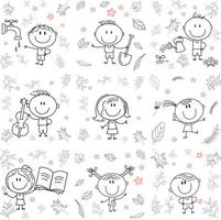 Cute cryptic kids playing with various toys.faucet, spade, violin, dance, flush, book . No gradient used, easy to print and color. Vector files can be scaled to any size.
