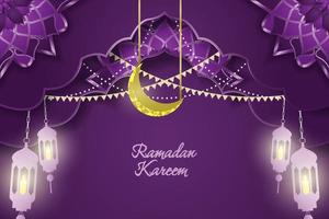 Ramadan Kareem Islamic with line element purple and gold color vector