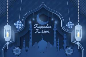 Ramadan Kareem Islamic background with mosque and line element blue color vector