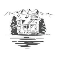 vector illustration of a house by the lake and mountains