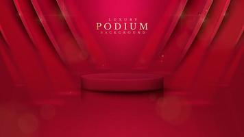 Red color podium with ribbon elements and gold lines with glitter light effect decoration and bokeh. vector