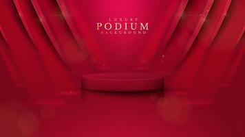 Red color podium with ribbon elements and gold lines with glitter light effect decoration and bokeh. vector