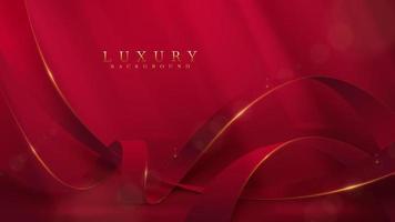 Red ribbon with gold border and glitter light effect decoration with bokeh. Luxury style background. vector
