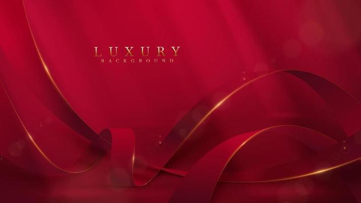 Red ribbon with gold border and glitter light effect decoration with bokeh. Luxury style background.