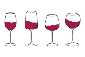 Set of glasses with red wine. Vector set in doodle style.