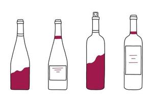 conjunto vectorial de botellas de vino tinto al estilo garabato. vector