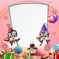 pingüino de cumpleaños con dulces y fondo rosa vector