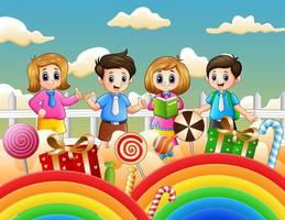 Children in fantasy land with candy illustration vector