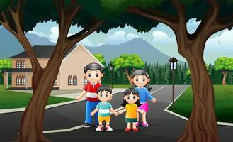 Road scene with happy family illustration vector