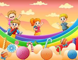 niños felices jugando en una ilustración de tierra de dulces vector