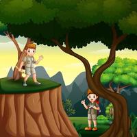 Young scouts hiking in the forest landscape vector