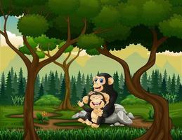 Chimpanzee mother with her baby in the forest vector