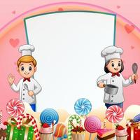 Sweet card background with happy two chefs vector