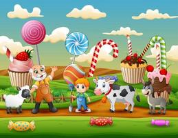 el granjero y los animales de granja en la ilustración de la tierra dulce vector