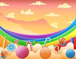 caramelos dulces y arcoiris en el cielo vector