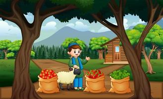 Young farmer with the harvest in a sack vector