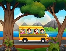 Happy kids in yellow bus through the highway vector