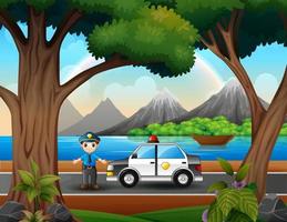 A police man officers with police car on the road vector