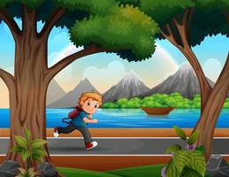 ilustración de un niño corriendo por la carretera vector