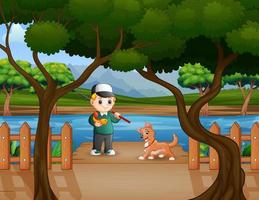 Happy boy fishing with a dog on pier vector