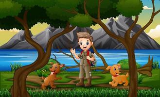 A scout boy and dogs in the forest landscape vector