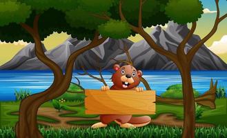 A beaver holding wooden sign under the tree vector