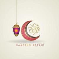 diseño lujoso ramadan kareem con caligrafía árabe, luna creciente, linterna tradicional y fondo islámico de textura de patrón de mezquita. ilustración vectorial vector