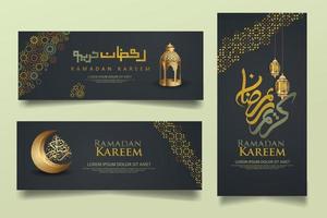 lujosa y elegante plantilla de conjunto de pancartas enrollables, ramadan kareem con caligrafía islámica, luna creciente, farol tradicional y fondo islámico de textura de patrón de mezquita vector