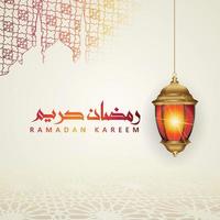 diseño lujoso y elegante ramadan kareem con caligrafía árabe, linterna tradicional y mezquita de puerta colorida de gradación para saludo islámico vector