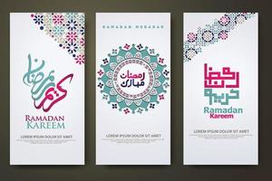 lujosa y elegante plantilla de conjunto de pancartas enrollables, ramadan kareem con caligrafía islámica, luna creciente, farol tradicional y fondo islámico de textura de patrón de mezquita