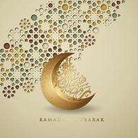 Luxurious design ramadan kareem with arabic calligraphy, crescent moon, traditional lantern and mosque pattern texture islamic background. Vector illustration.