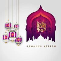 diseño lujoso y elegante ramadan kareem con caligrafía árabe, linterna tradicional y mezquita de puerta colorida de gradación para saludo islámico vector