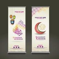 luxury and elegant roll up banner set template, Ramadan Kareem with calligraphy islamic, crescent moon, traditional lantern and mosque pattern texture islamic background