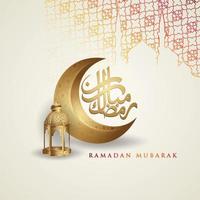 diseño lujoso ramadan kareem con caligrafía árabe, luna creciente, linterna tradicional y fondo islámico de textura de patrón de mezquita. ilustración vectorial vector