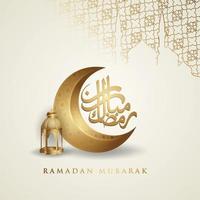 diseño lujoso y elegante ramadan kareem con caligrafía árabe, linterna tradicional y mezquita de puerta colorida de gradación para saludo islámico vector