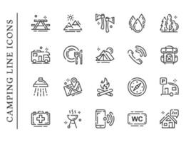 Camping line icons set isolated on white background vector