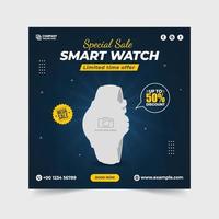 publicación de producto de reloj inteligente. ver plantilla de redes sociales. banner de oferta de venta especial de smartwatch. plantilla de oferta de mega venta de negocios de reloj. banner de venta de relojes de pulsera. banner de descuento y promoción de productos. vector