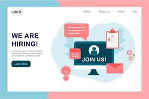 Recruitment agency landing page template. Online job interview, hiring employment process, choosing candidate, searching job concept. CV, resume and vacant. 3D vector illustration for web banner.