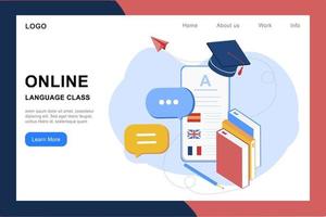 Modern 3D isometric of online languages learning, language courses banner template for website and mobile development. Literal translation, personal assistant, e-learning concept. Vector illustration.