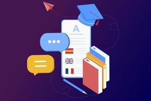 Modern 3D isometric of online languages learning, language courses banner template for website and mobile development. Literal translation, personal assistant, e-learning concept. Vector illustration.