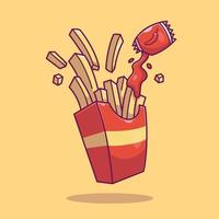 patatas fritas con ilustración de icono de vector de dibujos animados de salsa de chile. concepto de icono de objeto de comida vector premium aislado. estilo de dibujos animados plana