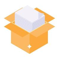 Parcel filling concept, isometric icon of documents packaging vector