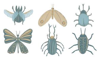 Vector Collection of hand drawn stylized magic bugs and butterflies in boho style. Collection of flying mythical insects scarab, stag beetle. Celestial beetle with skull death.